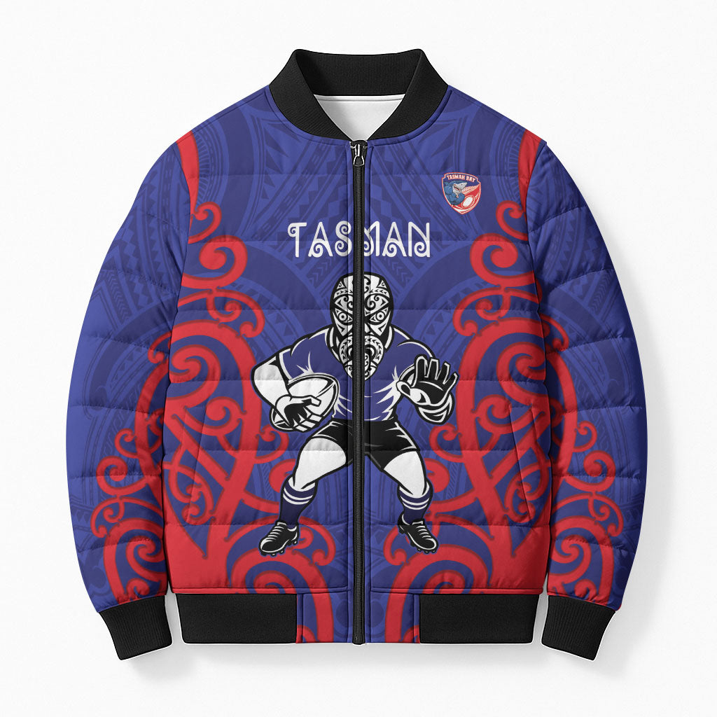 Tasman Custom Rugby New Zealand Bomber Puffer Jacket Aotearoa Maori Pukana Tiki Mascot