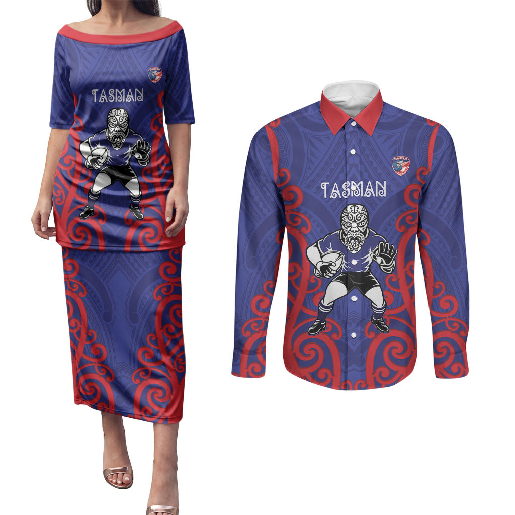 Tasman Custom Rugby New Zealand Couples Matching Puletasi and Long Sleeve Button Shirt Aotearoa Maori Pukana Tiki Mascot