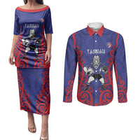 Tasman Custom Rugby New Zealand Couples Matching Puletasi and Long Sleeve Button Shirt Aotearoa Maori Pukana Tiki Mascot