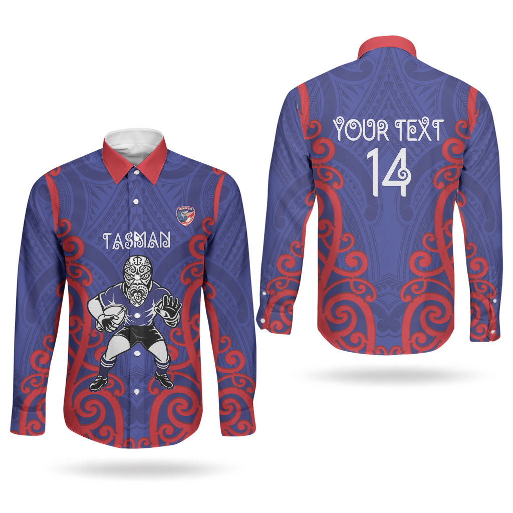 Tasman Custom Rugby New Zealand Couples Matching Puletasi and Long Sleeve Button Shirt Aotearoa Maori Pukana Tiki Mascot