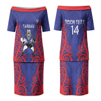 Tasman Custom Rugby New Zealand Couples Matching Puletasi and Long Sleeve Button Shirt Aotearoa Maori Pukana Tiki Mascot