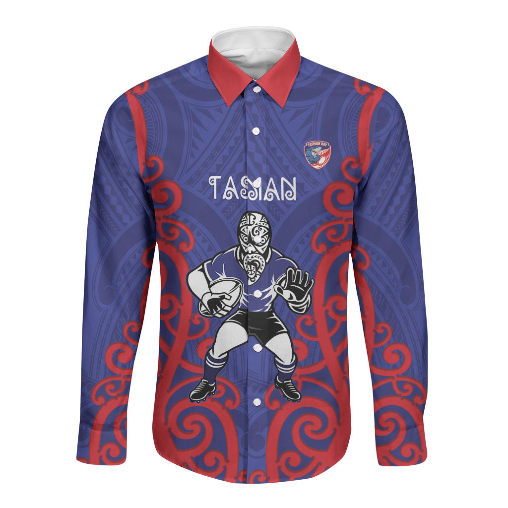 Tasman Custom Rugby New Zealand Long Sleeve Button Shirt Aotearoa Maori Pukana Tiki Mascot