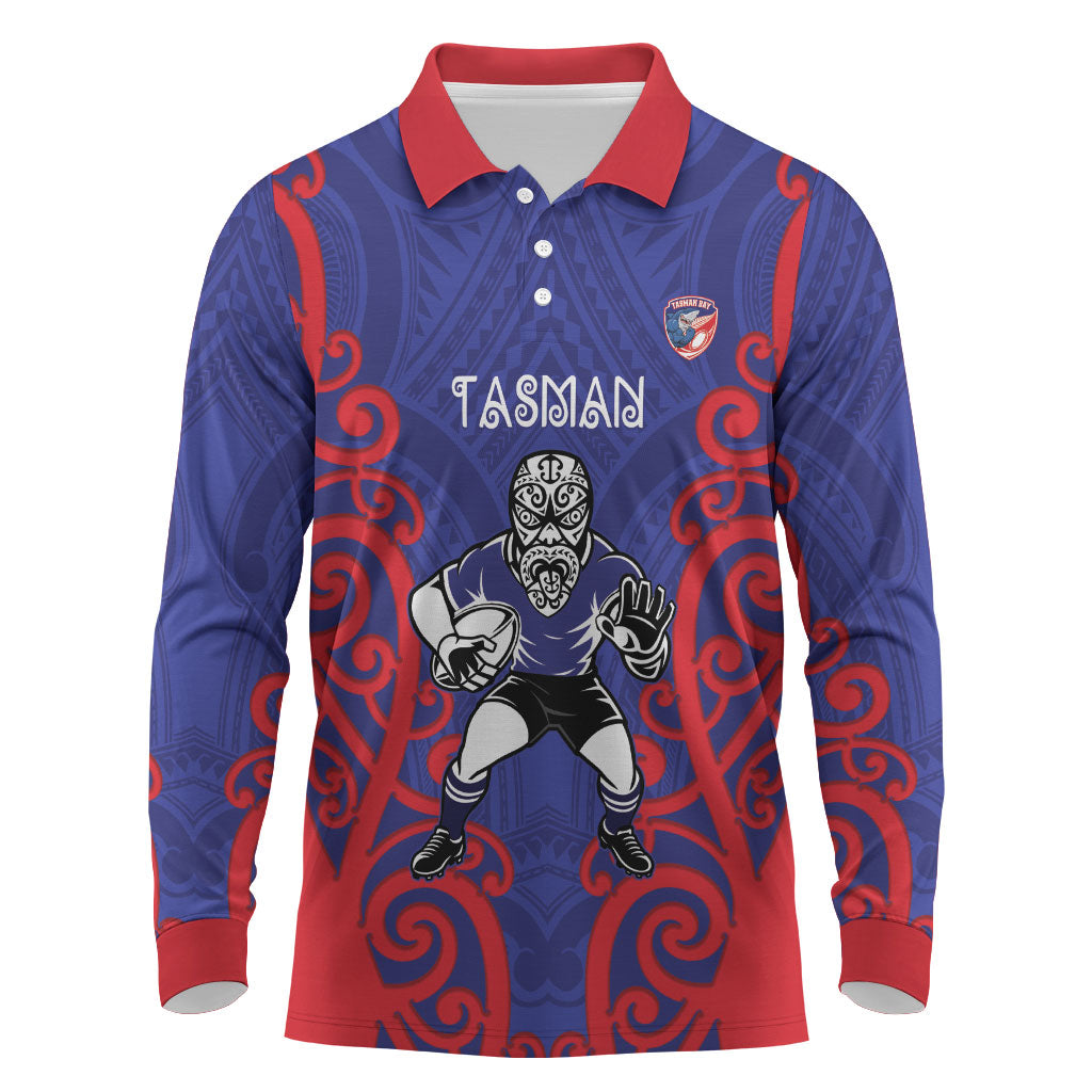 Tasman Custom Rugby New Zealand Long Sleeve Polo Shirt Aotearoa Maori Pukana Tiki Mascot