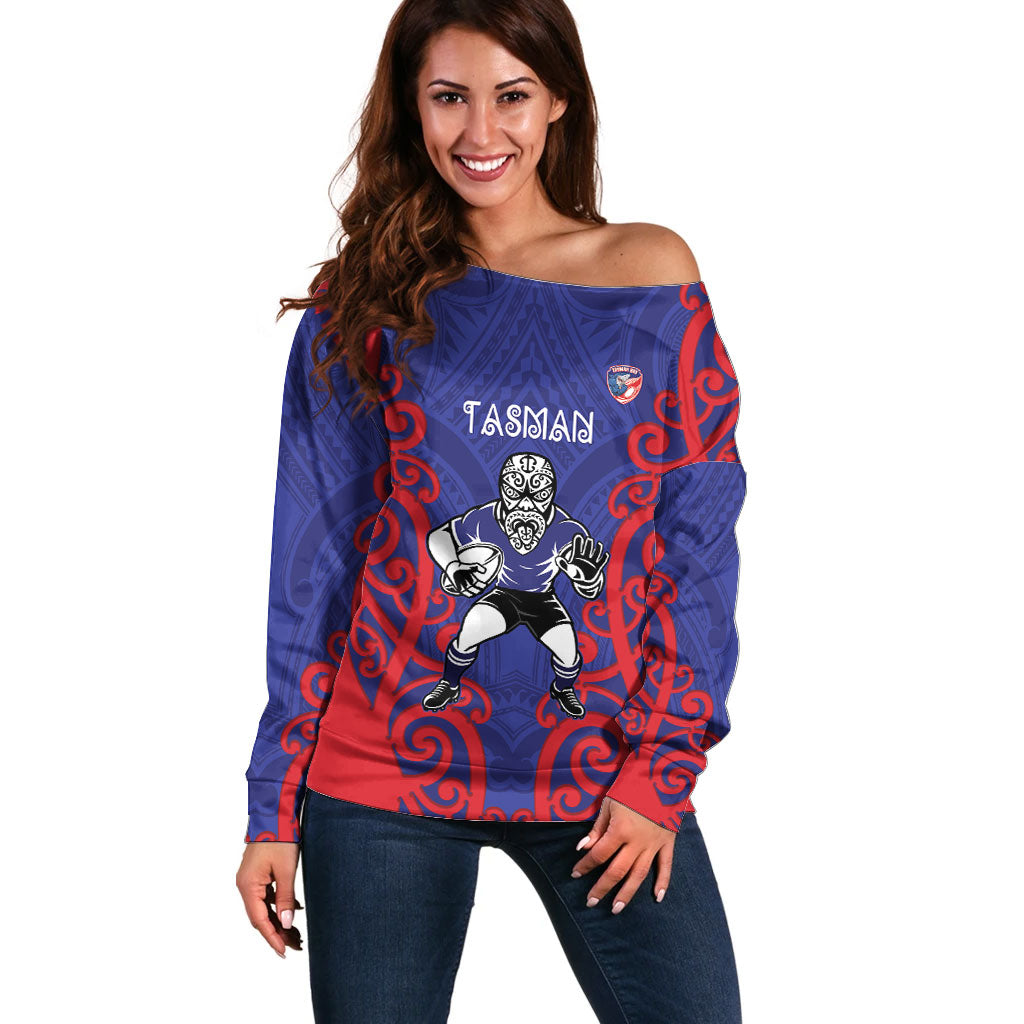 Tasman Custom Rugby New Zealand Off Shoulder Sweater Aotearoa Maori Pukana Tiki Mascot