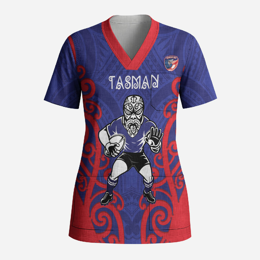 Tasman Custom Rugby New Zealand Scrub Top Aotearoa Maori Pukana Tiki Mascot