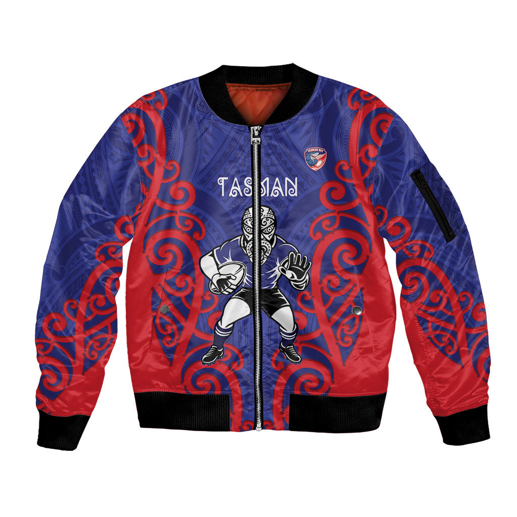Tasman Custom Rugby New Zealand Sleeve Zip Bomber Jacket Aotearoa Maori Pukana Tiki Mascot