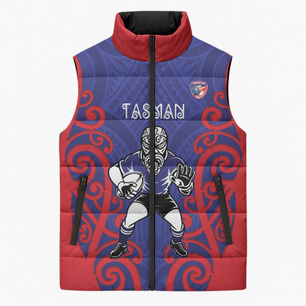 Tasman Custom Rugby New Zealand Sleeveless Puffer Jacket Aotearoa Maori Pukana Tiki Mascot
