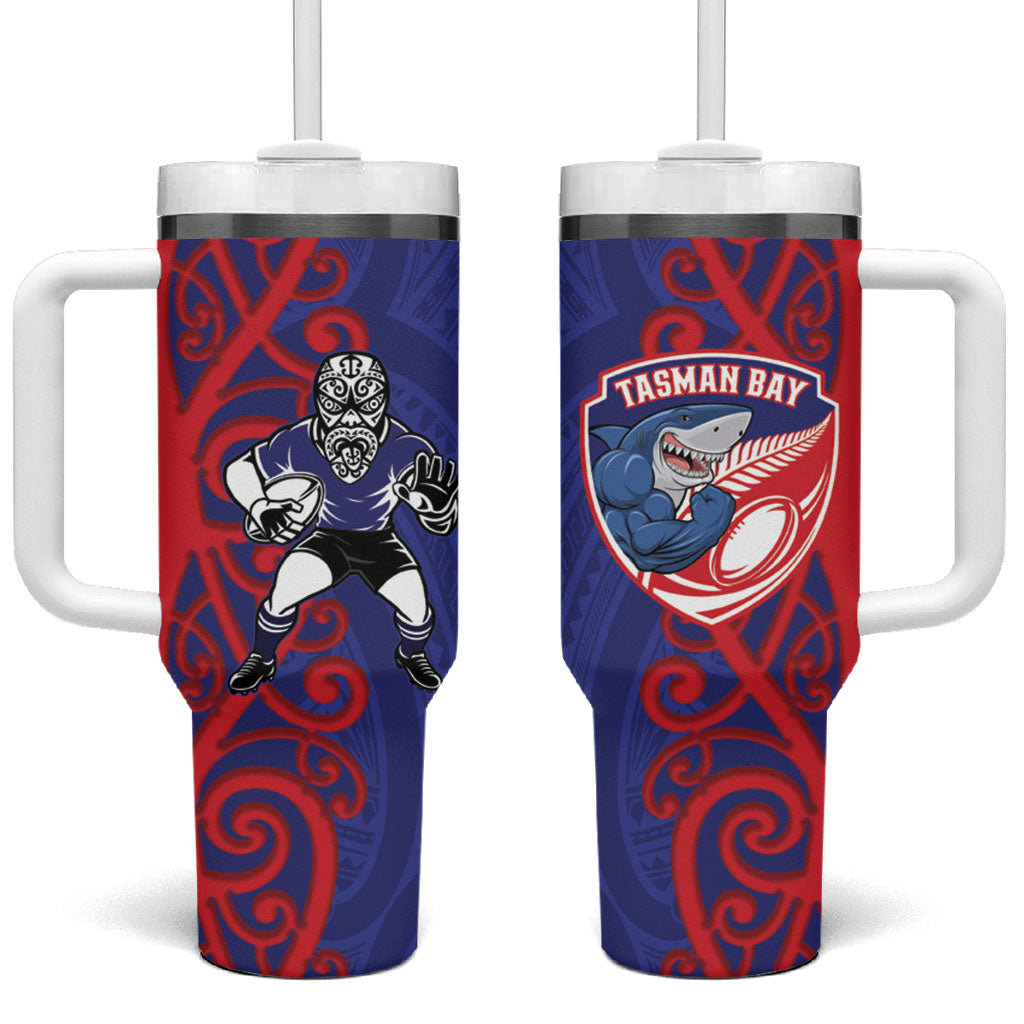 Tasman Custom Rugby New Zealand Tumbler With Handle Aotearoa Maori Pukana Tiki Mascot