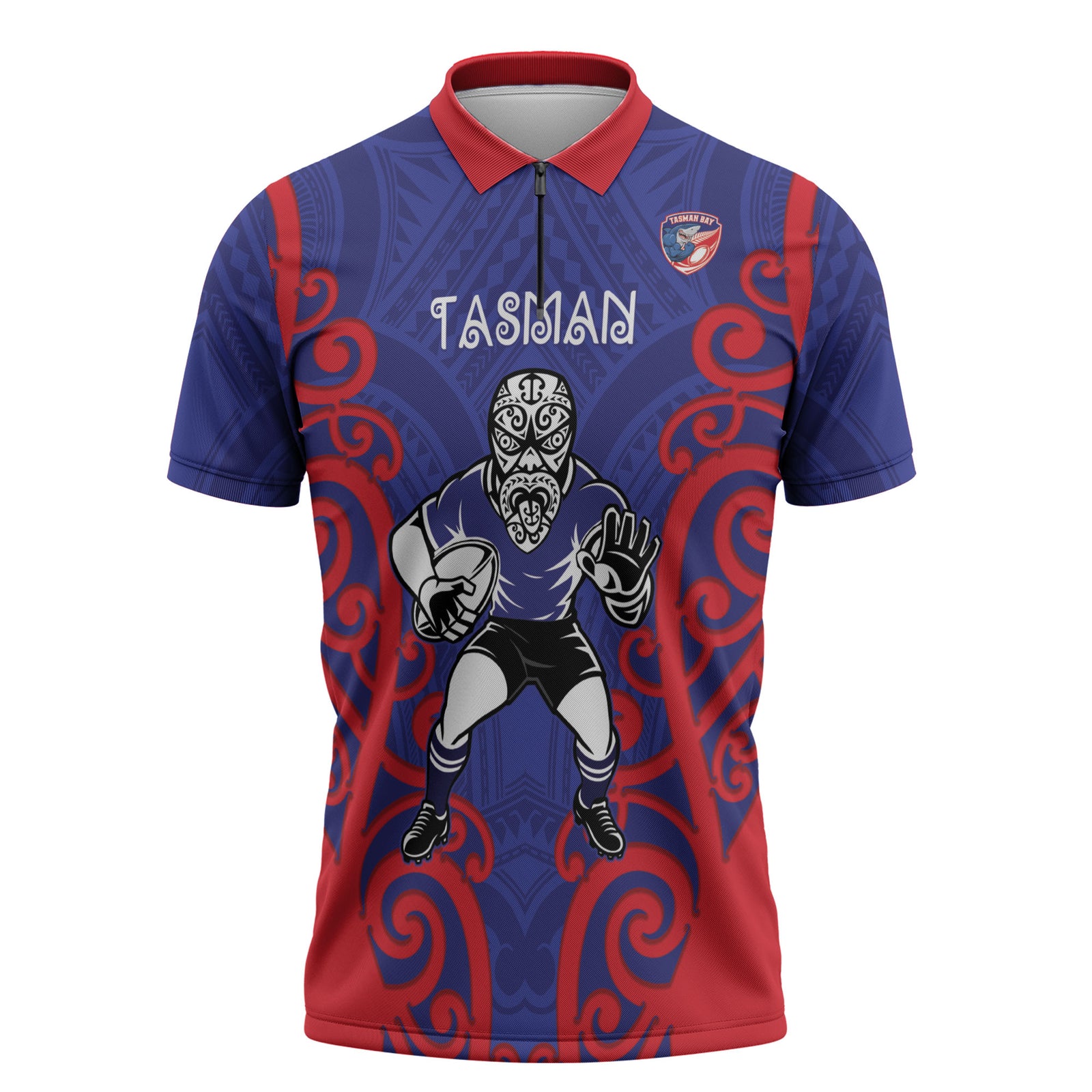 Tasman Custom Rugby New Zealand Zipper Polo Shirt Aotearoa Maori Pukana Tiki Mascot