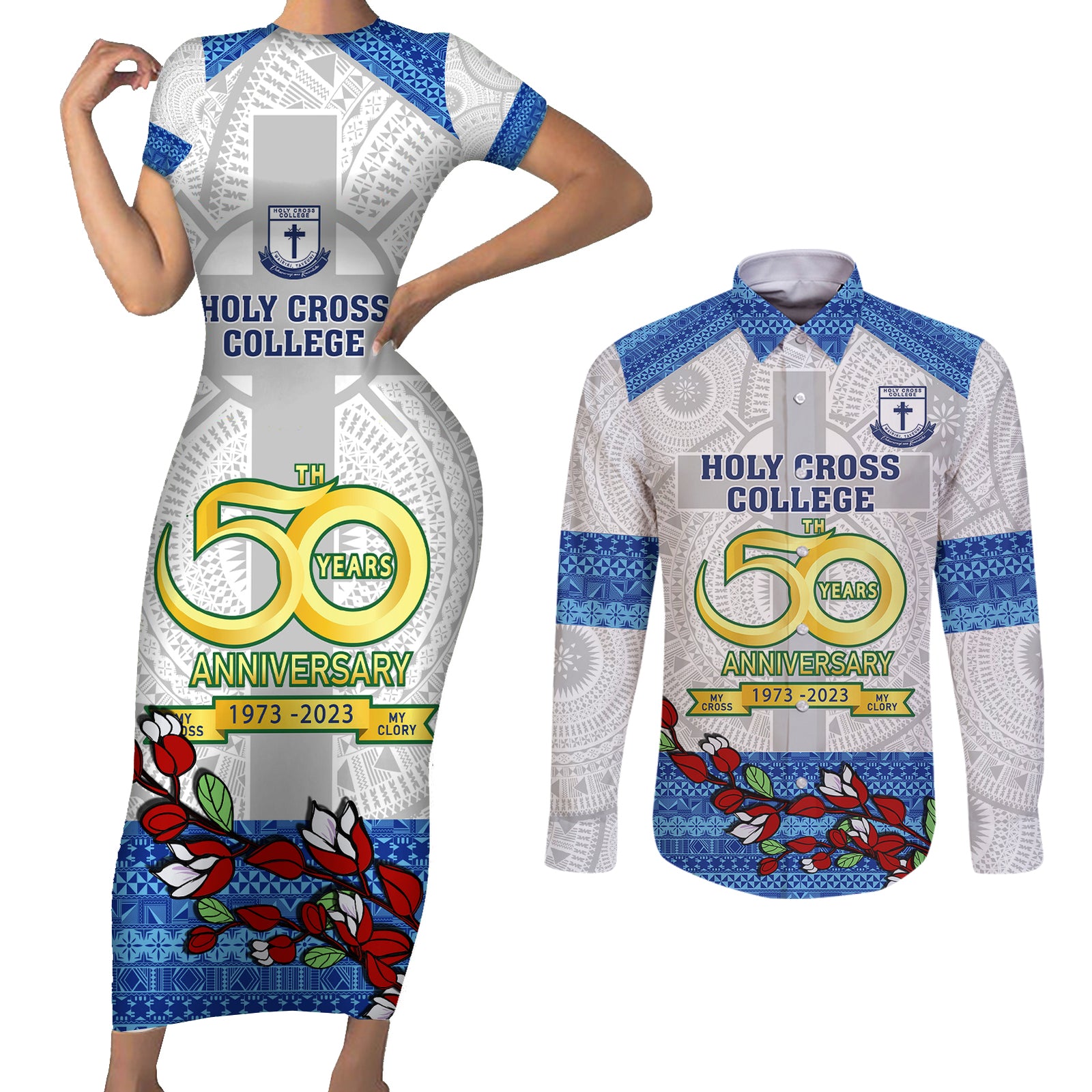 fiji-holy-cross-college-couples-matching-short-sleeve-bodycon-dress-and-long-sleeve-button-shirts-happy-50th-anniversary-fijian-tagimoucia-tapa-pattern