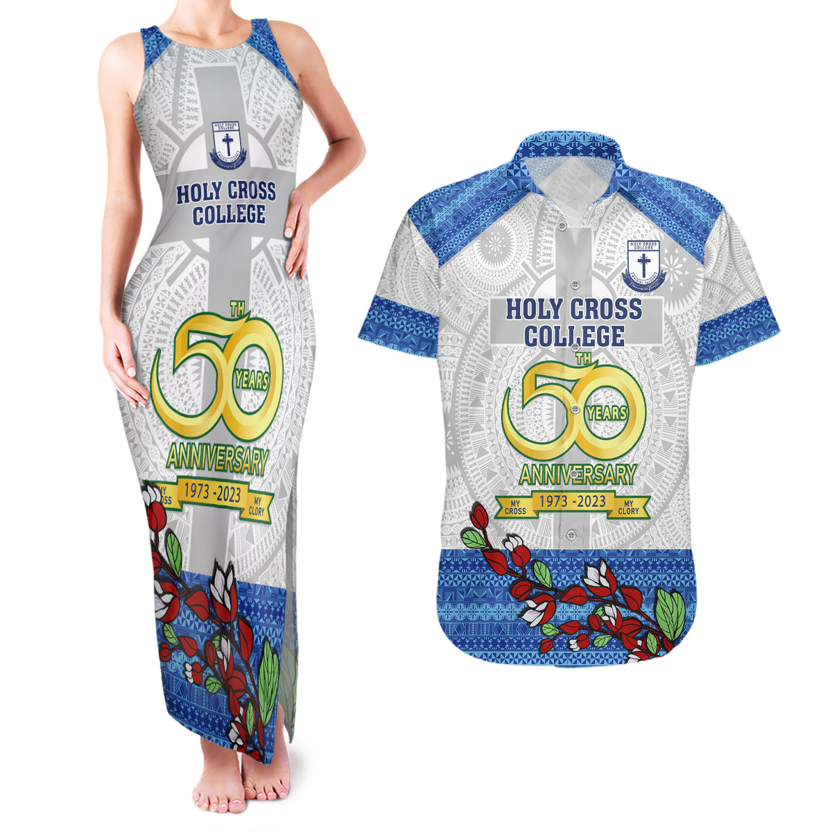 fiji-holy-cross-college-couples-matching-tank-maxi-dress-and-hawaiian-shirt-happy-50th-anniversary-fijian-tagimoucia-tapa-pattern