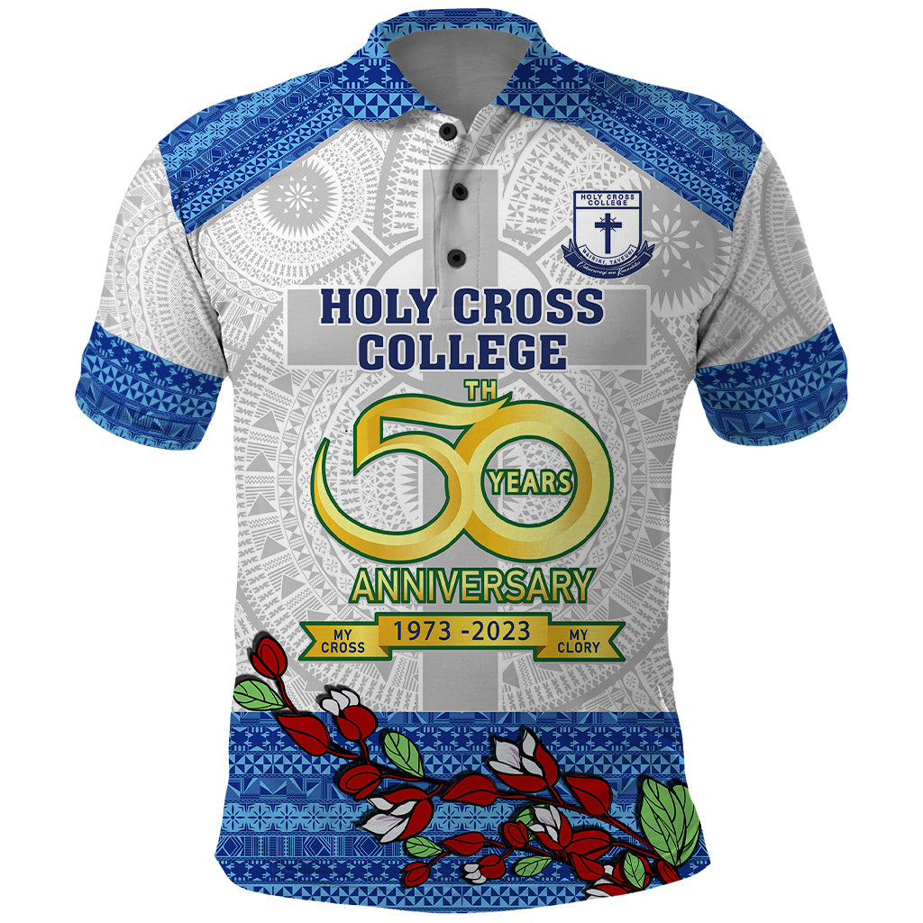 Fiji Holy Cross College Polo Shirt Happy 50th Anniversary Fijian Tagimoucia Tapa Pattern LT14 White - Polynesian Pride