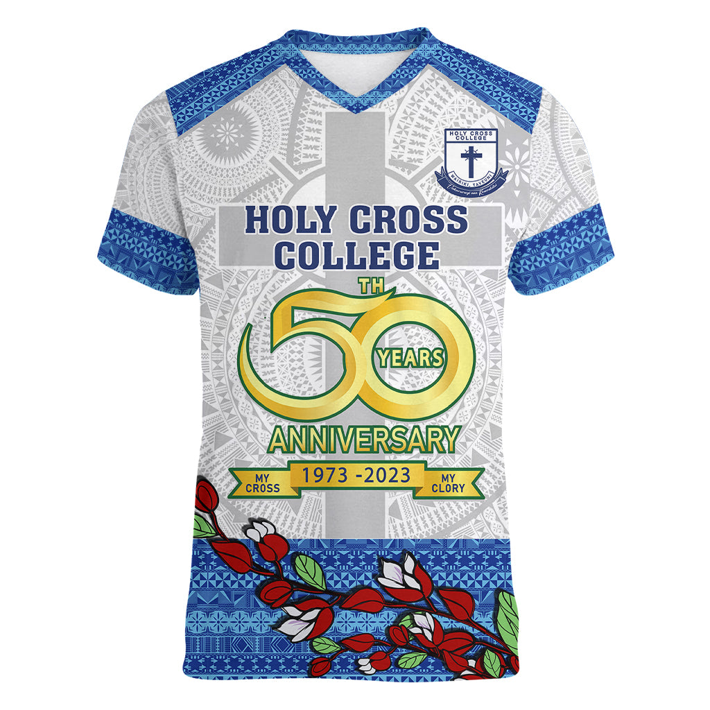 fiji-holy-cross-college-women-v-neck-t-shirt-happy-50th-anniversary-fijian-tagimoucia-tapa-pattern