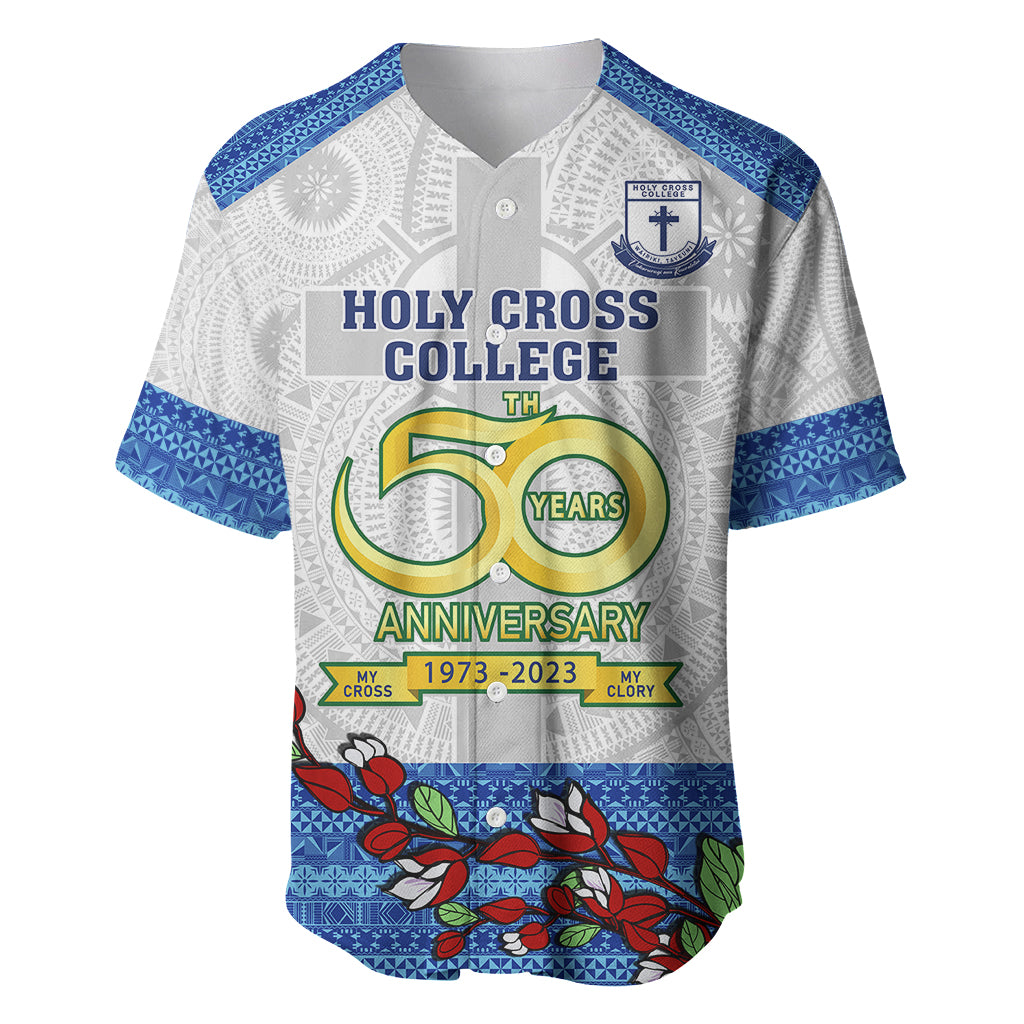 Personalised Fiji Holy Cross College Baseball Jersey Happy 50th Anniversary Fijian Tagimoucia Tapa Pattern LT14 White - Polynesian Pride