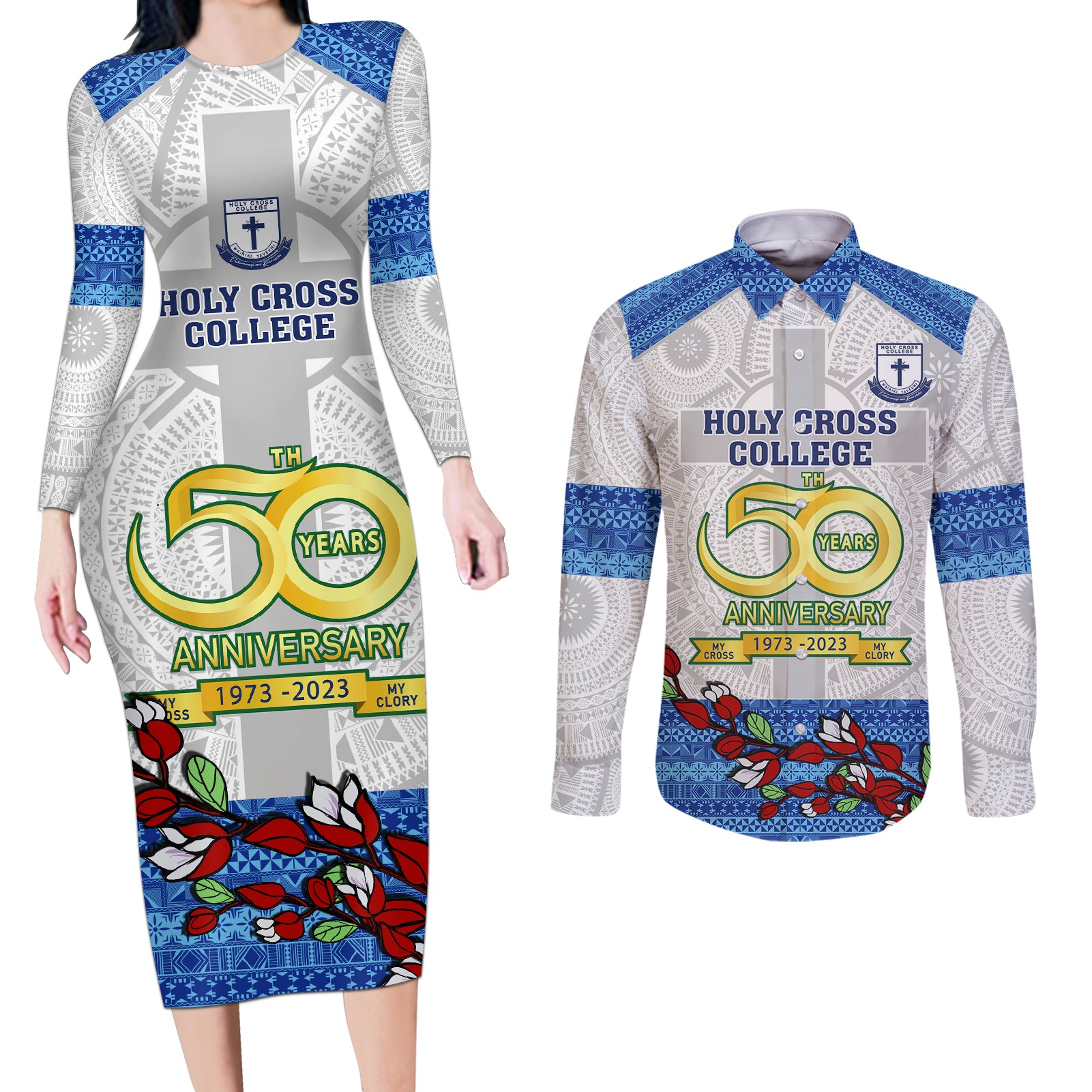 personalised-fiji-holy-cross-college-couples-matching-long-sleeve-bodycon-dress-and-long-sleeve-button-shirts-happy-50th-anniversary-fijian-tagimoucia-tapa-pattern