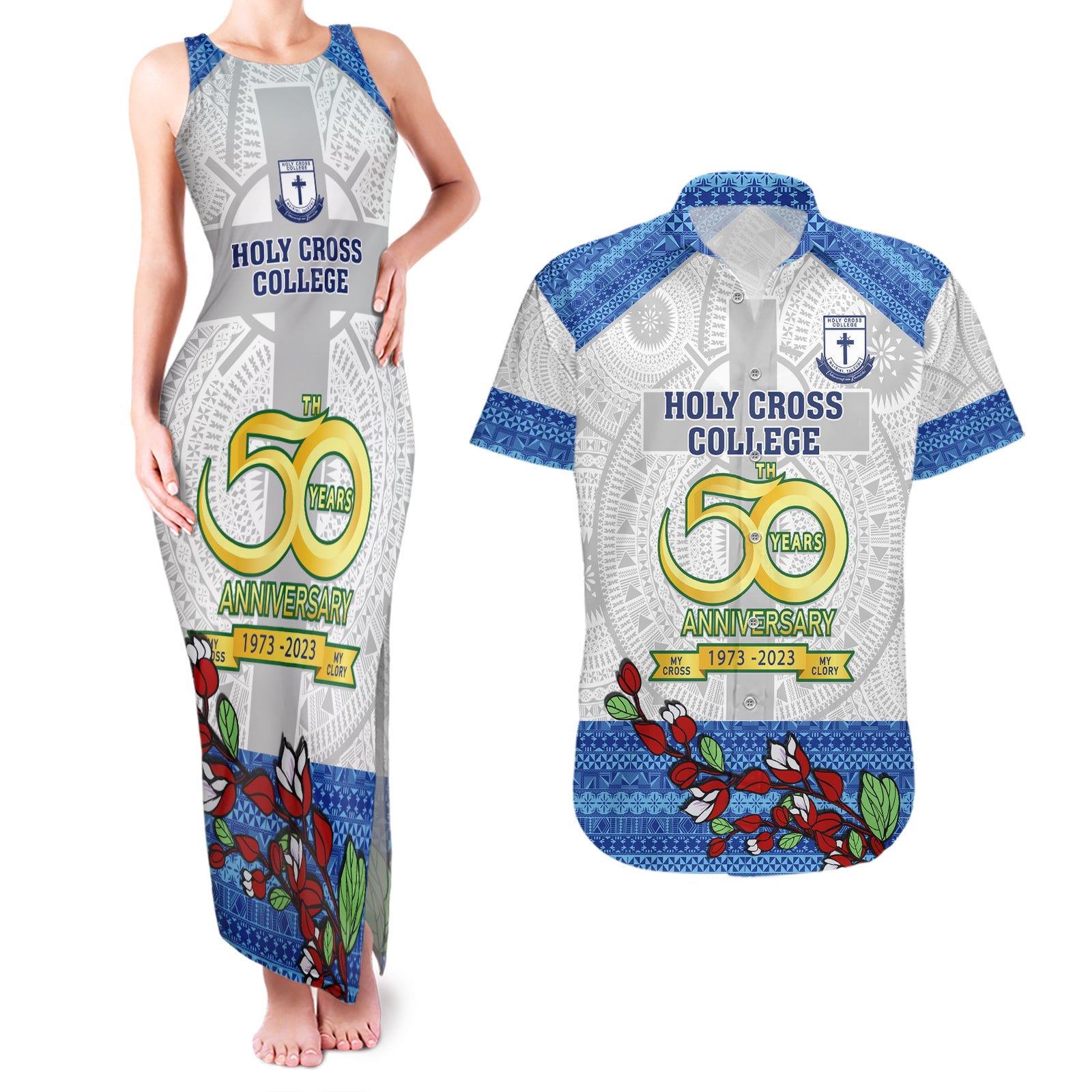 personalised-fiji-holy-cross-college-couples-matching-tank-maxi-dress-and-hawaiian-shirt-happy-50th-anniversary-fijian-tagimoucia-tapa-pattern