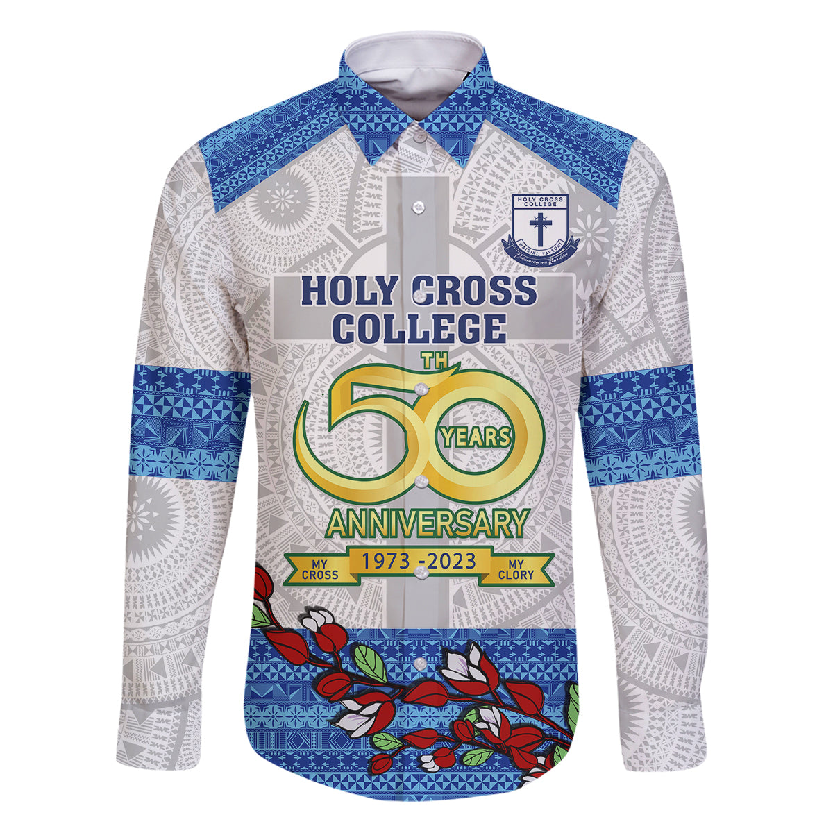 Personalised Fiji Holy Cross College Family Matching Puletasi Dress and Hawaiian Shirt Happy 50th Anniversary Fijian Tagimoucia Tapa Pattern LT14 Dad's Shirt - Long Sleeve White - Polynesian Pride