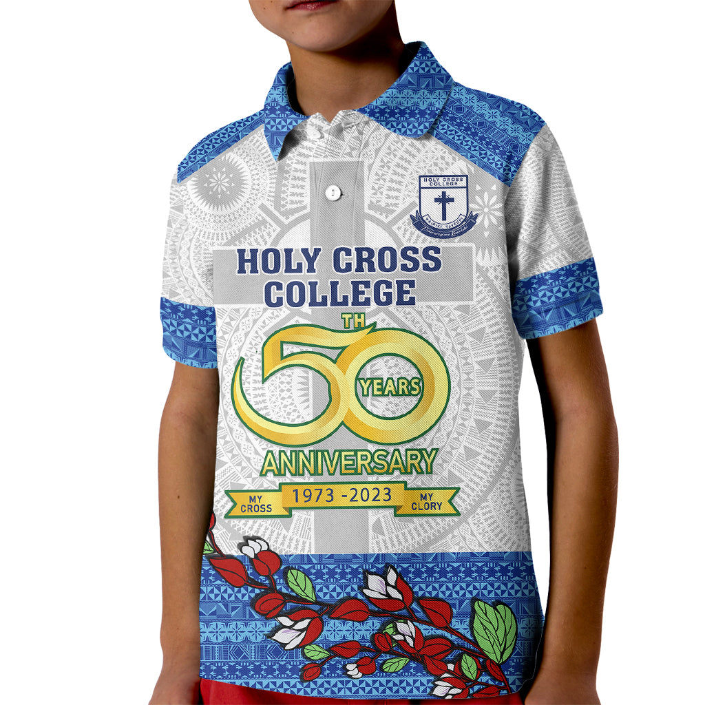Personalised Fiji Holy Cross College Kid Polo Shirt Happy 50th Anniversary Fijian Tagimoucia Tapa Pattern LT14 Kid White - Polynesian Pride