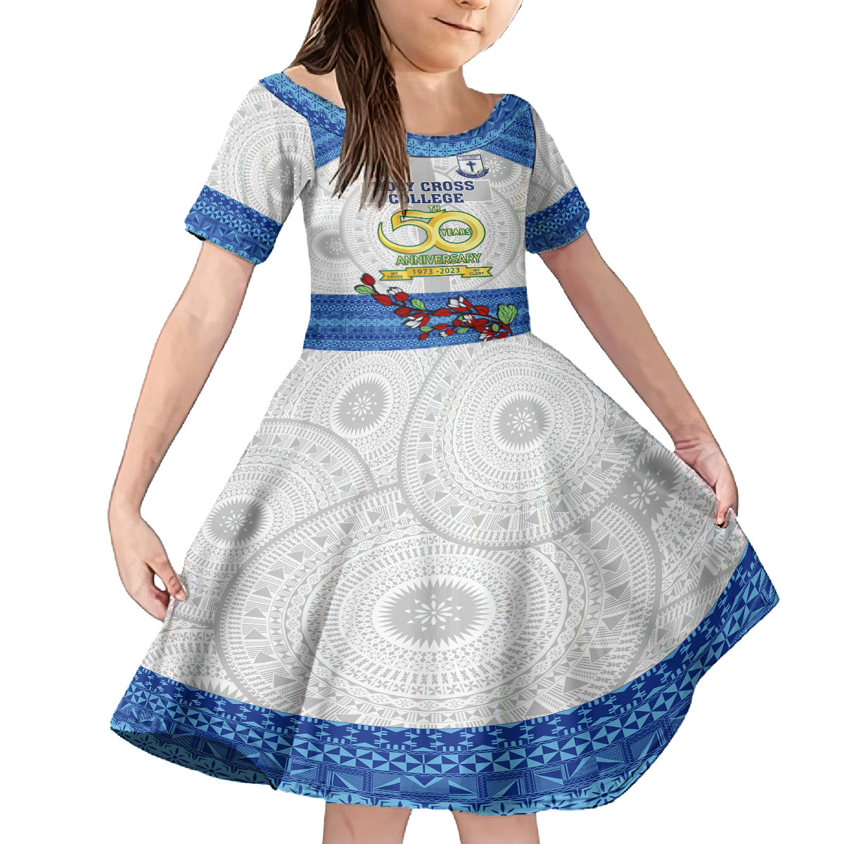 Personalised Fiji Holy Cross College Kid Short Sleeve Dress Happy 50th Anniversary Fijian Tagimoucia Tapa Pattern LT14 KID White - Polynesian Pride
