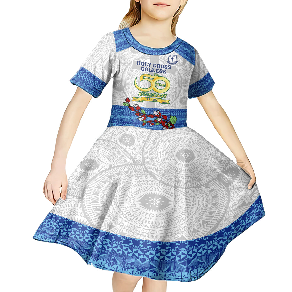 Personalised Fiji Holy Cross College Kid Short Sleeve Dress Happy 50th Anniversary Fijian Tagimoucia Tapa Pattern LT14 - Polynesian Pride