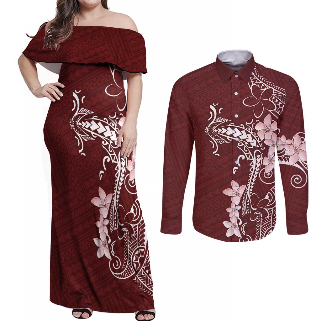 Oxblood Hawaii Couples Matching Off Shoulder Maxi Dress and Long Sleeve Button Shirt Hammerhead Shark Tattoo Curve Polynesian - Polynesian Pride