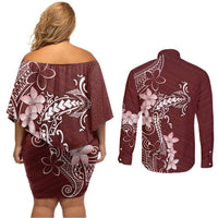 Oxblood Hawaii Couples Matching Off Shoulder Short Dress and Long Sleeve Button Shirt Hammerhead Shark Tattoo Curve Polynesian - Polynesian Pride