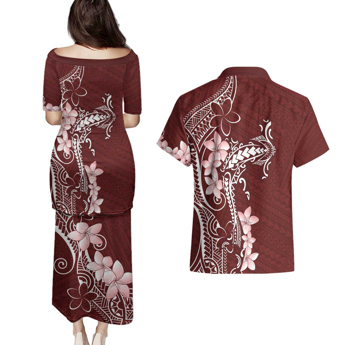 Oxblood Hawaii Couples Matching Puletasi and Hawaiian Shirt Hammerhead Shark Tattoo Curve Polynesian - Polynesian Pride