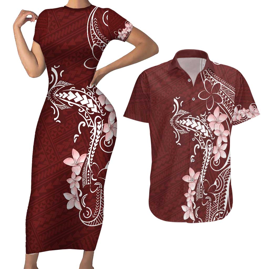 Oxblood Hawaii Couples Matching Short Sleeve Bodycon Dress and Hawaiian Shirt Hammerhead Shark Tattoo Curve Polynesian - Polynesian Pride