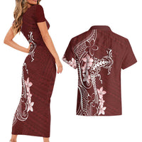 Oxblood Hawaii Couples Matching Short Sleeve Bodycon Dress and Hawaiian Shirt Hammerhead Shark Tattoo Curve Polynesian - Polynesian Pride