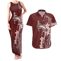 Oxblood Hawaii Couples Matching Tank Maxi Dress and Hawaiian Shirt Hammerhead Shark Tattoo Curve Polynesian - Polynesian Pride