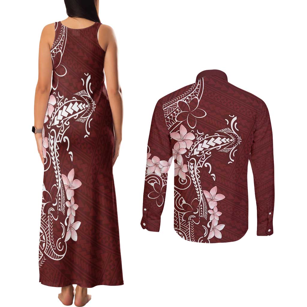 Oxblood Hawaii Couples Matching Tank Maxi Dress and Long Sleeve Button Shirt Hammerhead Shark Tattoo Curve Polynesian - Polynesian Pride