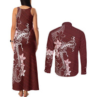 Oxblood Hawaii Couples Matching Tank Maxi Dress and Long Sleeve Button Shirt Hammerhead Shark Tattoo Curve Polynesian - Polynesian Pride