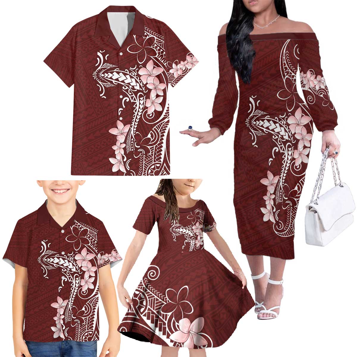 Oxblood Hawaii Family Matching Off The Shoulder Long Sleeve Dress and Hawaiian Shirt Hammerhead Shark Tattoo Curve Polynesian - Polynesian Pride