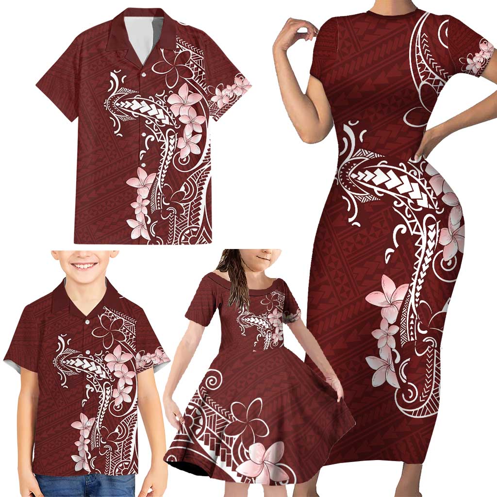 Oxblood Hawaii Family Matching Short Sleeve Bodycon Dress and Hawaiian Shirt Hammerhead Shark Tattoo Curve Polynesian - Polynesian Pride