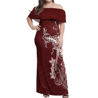 Oxblood Hawaii Off Shoulder Maxi Dress Hammerhead Shark Tattoo Curve Polynesian - Polynesian Pride