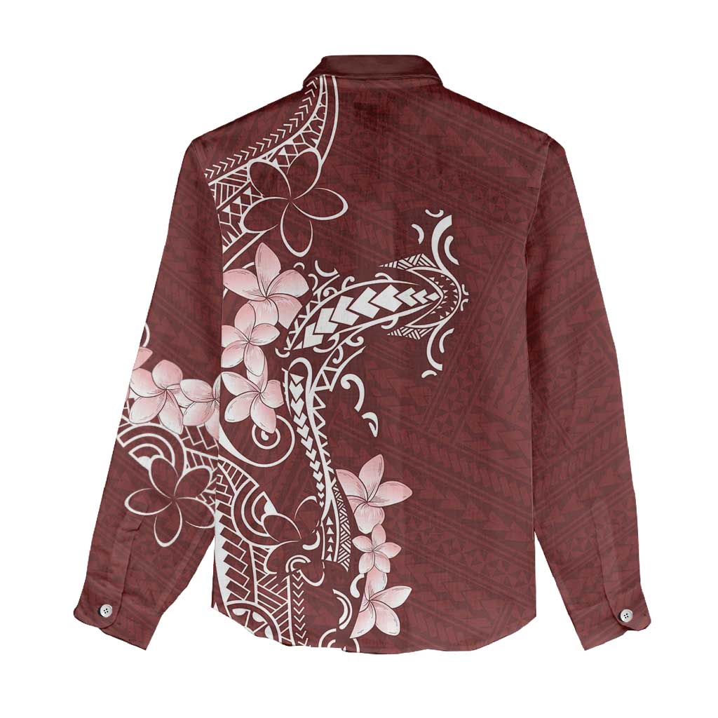 Oxblood Hawaii Women Casual Shirt Hammerhead Shark Tattoo Curve Polynesian - Polynesian Pride