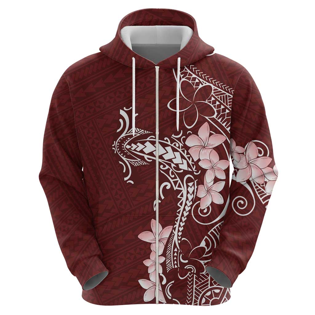 Oxblood Hawaii Zip Hoodie Hammerhead Shark Tattoo Curve Polynesian - Polynesian Pride