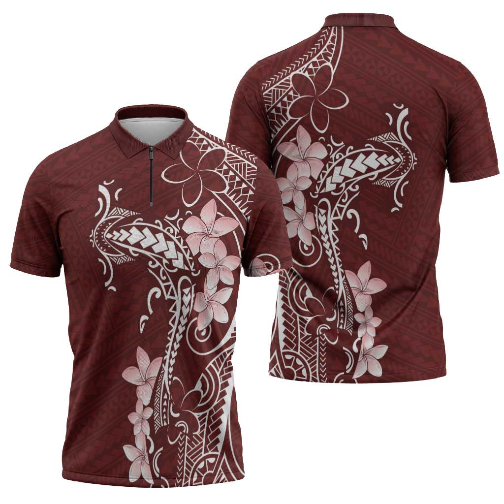 Oxblood Hawaii Zipper Polo Shirt Hammerhead Shark Tattoo Curve Polynesian - Polynesian Pride