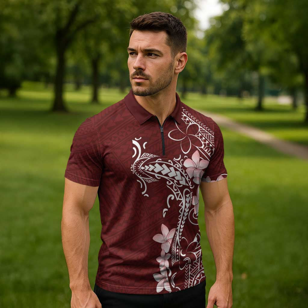 Oxblood Hawaii Zipper Polo Shirt Hammerhead Shark Tattoo Curve Polynesian - Polynesian Pride