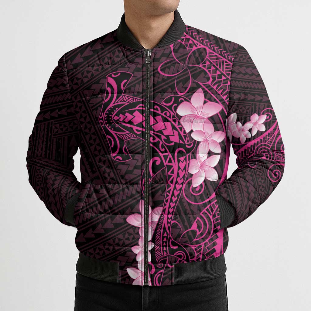 Pink Hawaii Bomber Puffer Jacket Hammerhead Shark Tattoo Curve Polynesian - Polynesian Pride