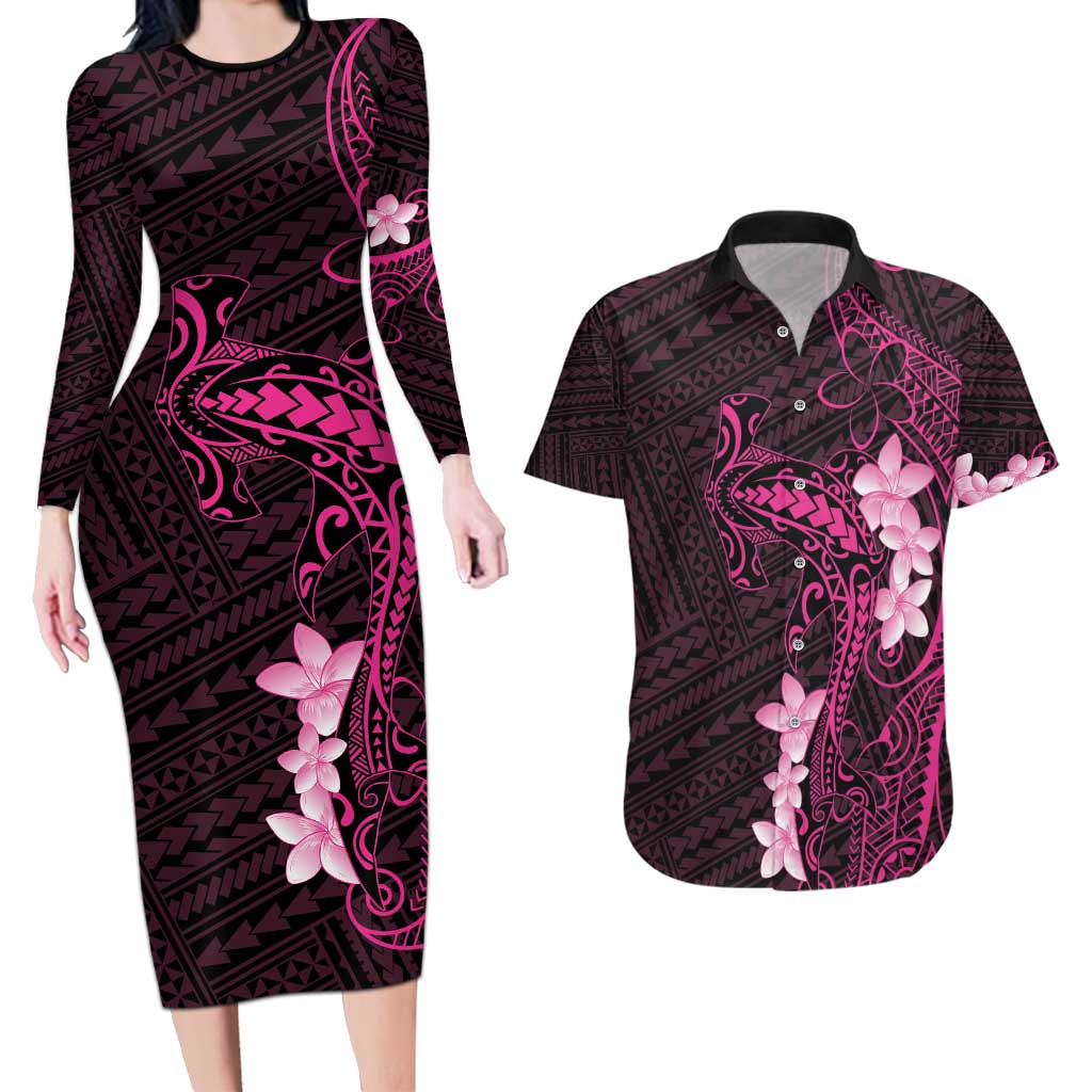 Pink Hawaii Couples Matching Long Sleeve Bodycon Dress and Hawaiian Shirt Hammerhead Shark Tattoo Curve Polynesian - Polynesian Pride