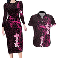 Pink Hawaii Couples Matching Long Sleeve Bodycon Dress and Hawaiian Shirt Hammerhead Shark Tattoo Curve Polynesian - Polynesian Pride