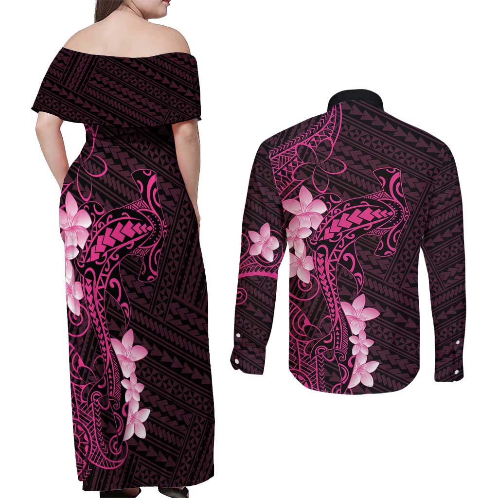 Pink Hawaii Couples Matching Off Shoulder Maxi Dress and Long Sleeve Button Shirt Hammerhead Shark Tattoo Curve Polynesian - Polynesian Pride