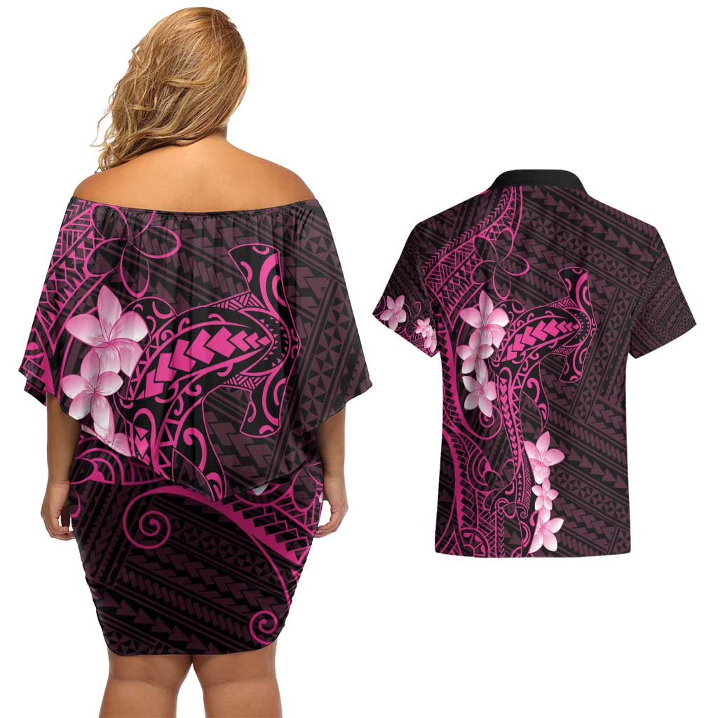 Pink Hawaii Couples Matching Off Shoulder Short Dress and Hawaiian Shirt Hammerhead Shark Tattoo Curve Polynesian - Polynesian Pride