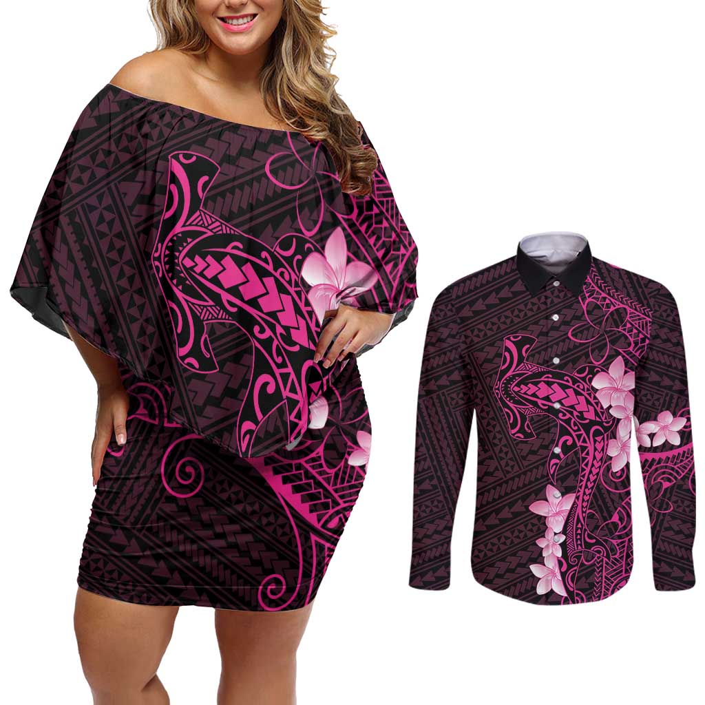 Pink Hawaii Couples Matching Off Shoulder Short Dress and Long Sleeve Button Shirt Hammerhead Shark Tattoo Curve Polynesian - Polynesian Pride