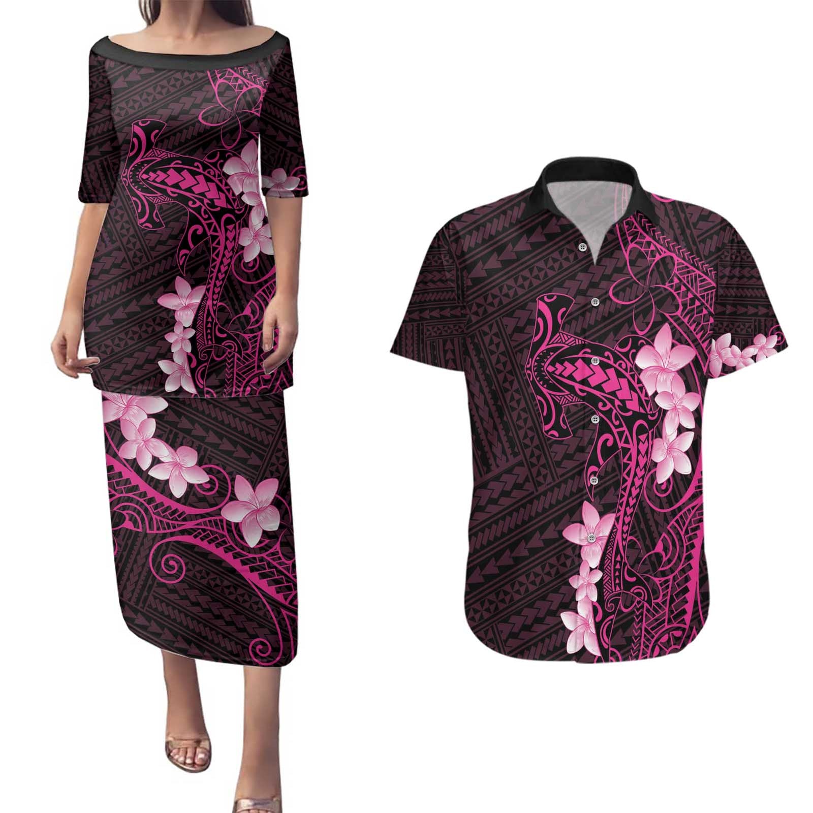 Pink Hawaii Couples Matching Puletasi and Hawaiian Shirt Hammerhead Shark Tattoo Curve Polynesian - Polynesian Pride