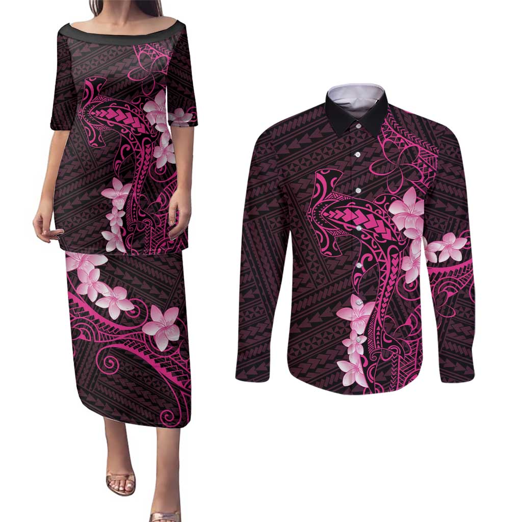 Pink Hawaii Couples Matching Puletasi and Long Sleeve Button Shirt Hammerhead Shark Tattoo Curve Polynesian - Polynesian Pride
