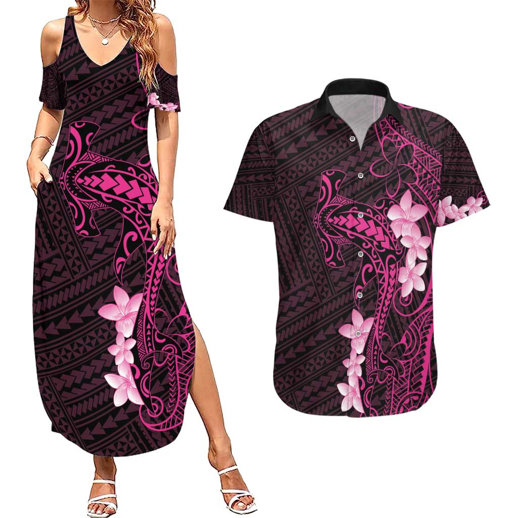 Pink Hawaii Couples Matching Summer Maxi Dress and Hawaiian Shirt Hammerhead Shark Tattoo Curve Polynesian - Polynesian Pride