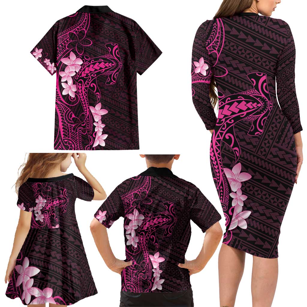 Pink Hawaii Family Matching Long Sleeve Bodycon Dress and Hawaiian Shirt Hammerhead Shark Tattoo Curve Polynesian - Polynesian Pride