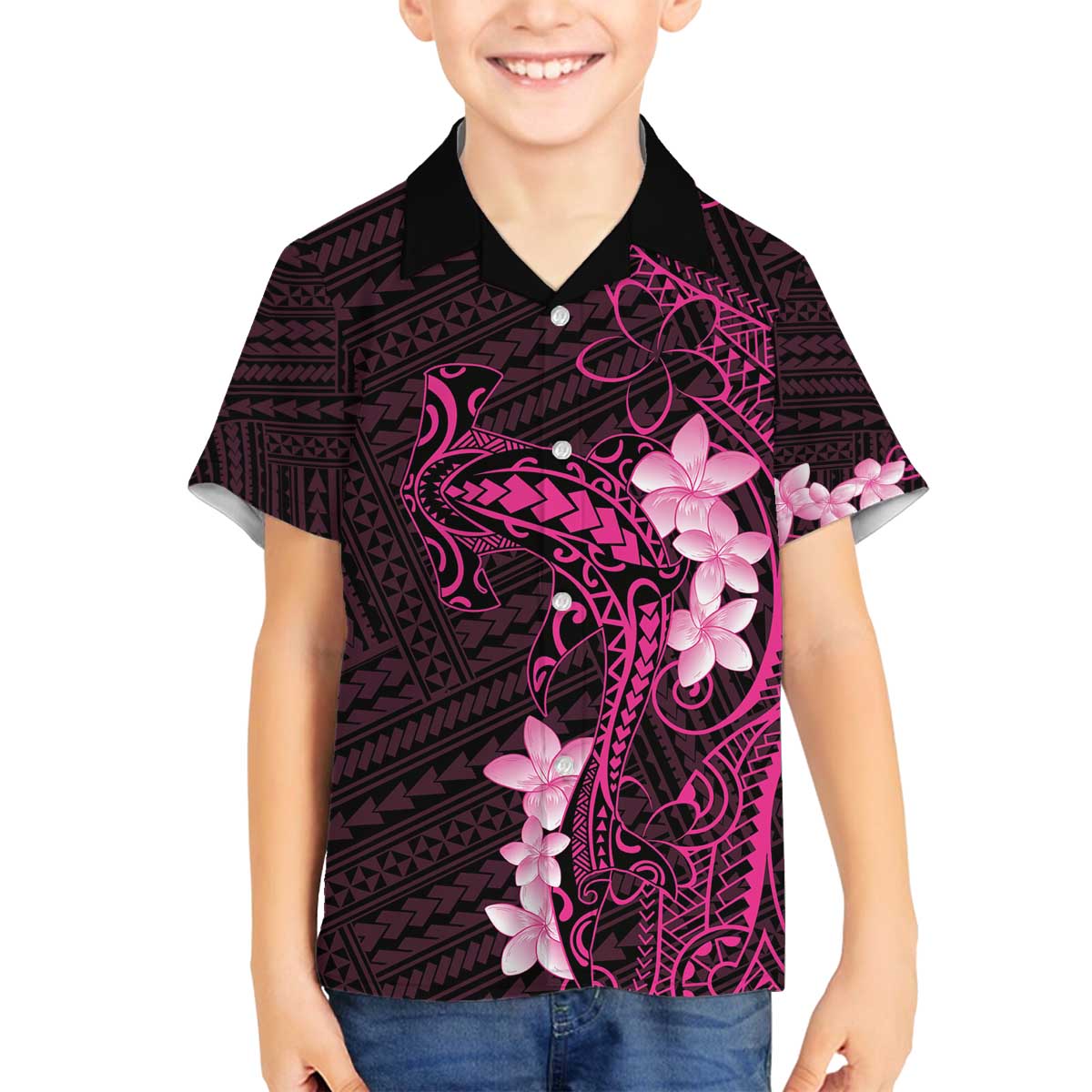 Pink Hawaii Family Matching Off The Shoulder Long Sleeve Dress and Hawaiian Shirt Hammerhead Shark Tattoo Curve Polynesian - Polynesian Pride